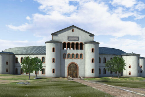 No merovingian palaces has so far been excavated. This is a reconstruction of the somewhat later Ingelheim near Mainz. Source: Kaiserpfalz Ingelheim. 
