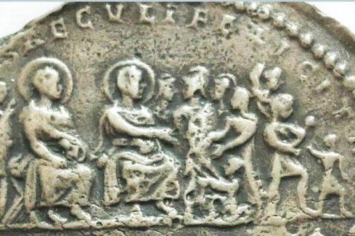 Barbarians recieveing land as allotments? Detail from the Lead Medallion from Mainz. Source: wikipedia