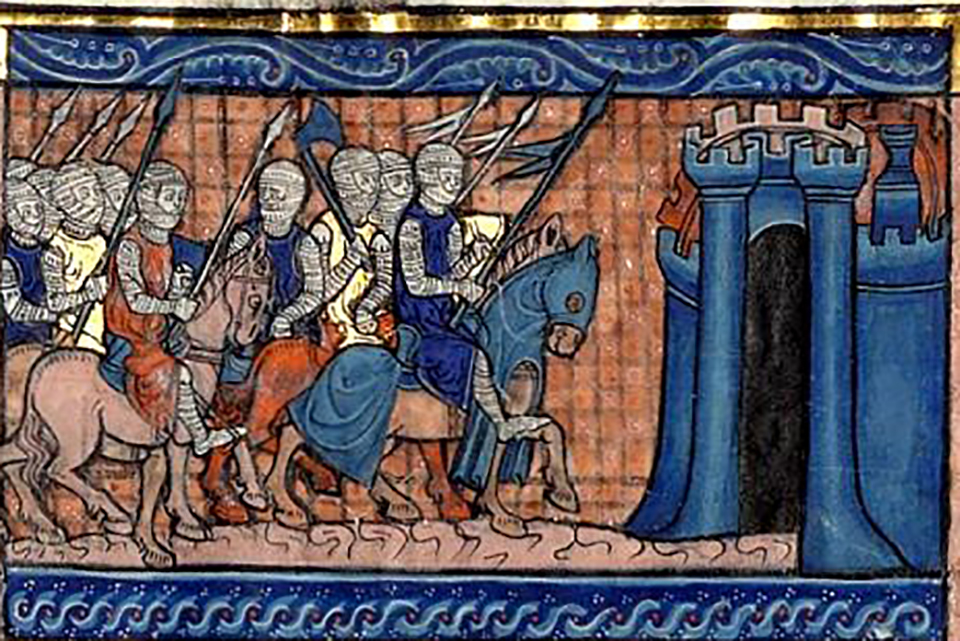 middelalderlige krigere foran en borg