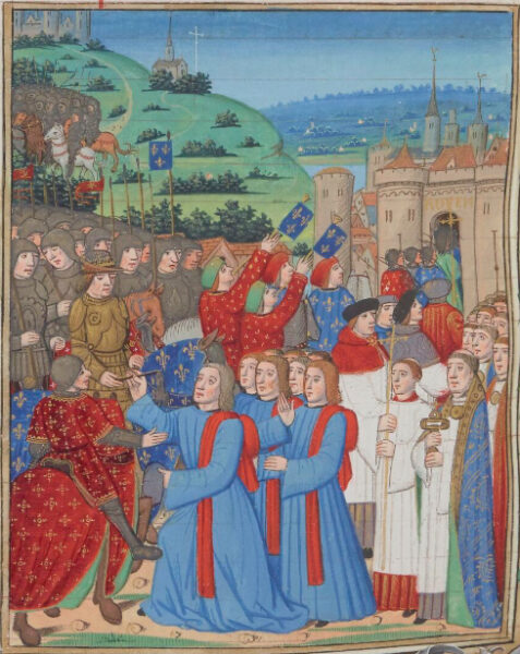 Charles VII entes Rouen. From: Croniques de messire ENGUERRAND DE MONSTRELLET, avec continuation. BnF, Français 2679, fol 322v BnF