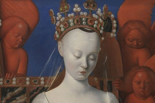 Agnes Sorel - detail of Fouquet's painting: Virgin and Child. Source Wikipedia.