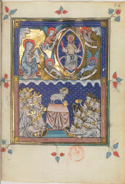 The Adoration of the Lamb. Apocalypse de Saint Jean, en français, Colins Chadewe, enlumineur - XIVe siècle - BnF, département des Manuscrits. Français 13096