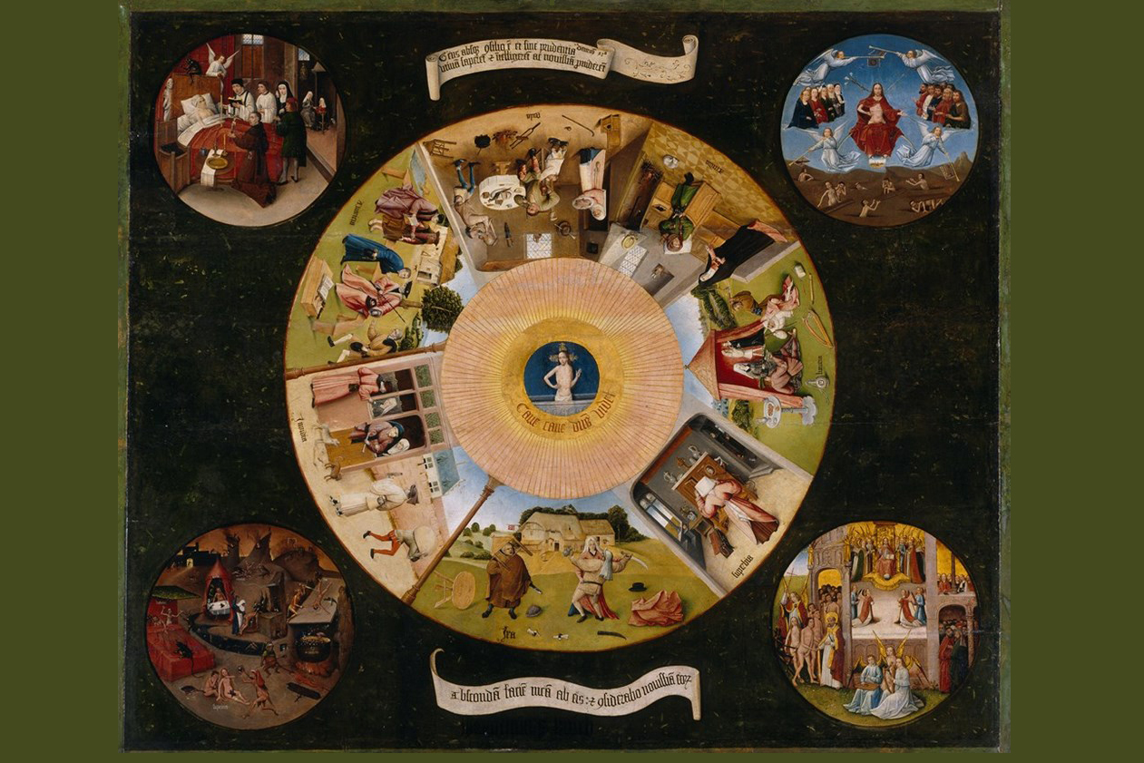 Hieronymus Bosch. Seven deadly sins and four last things. c. 1500 - 1525. Madrid, Prado. Source: Wikipedia