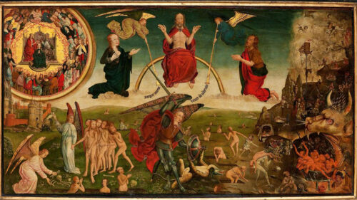 Retable du Jugement dernier (panneau central), école flamande, Pays-Bas méridionaux, fin du XVe siècle. Peinture à l'huile sur bois transposée sur toile. (Musée des Arts décoratifs, Paris.)