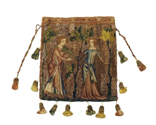 The purse is interpreted as a token of courtly love or a bridal gift. It depicts a couple in an unmistakably erotic scene. Their garments are gathered up for dancing; the young woman holds the youth by the tip of his hood. In her other hand, she enticingly holds a wreath — a symbol of her virginity. The reverse side of the bag shows, in equally fine silk embroidery, the arrival of the gentleman. The exceptional delicacy of the workmanship, the charm of the depiction, and the excellent state of preservation make this bag a true jewel among the embroideries of the age of courtly love. © Stiftung Hamburger Kunstsammlungen No. 1956.137 PD