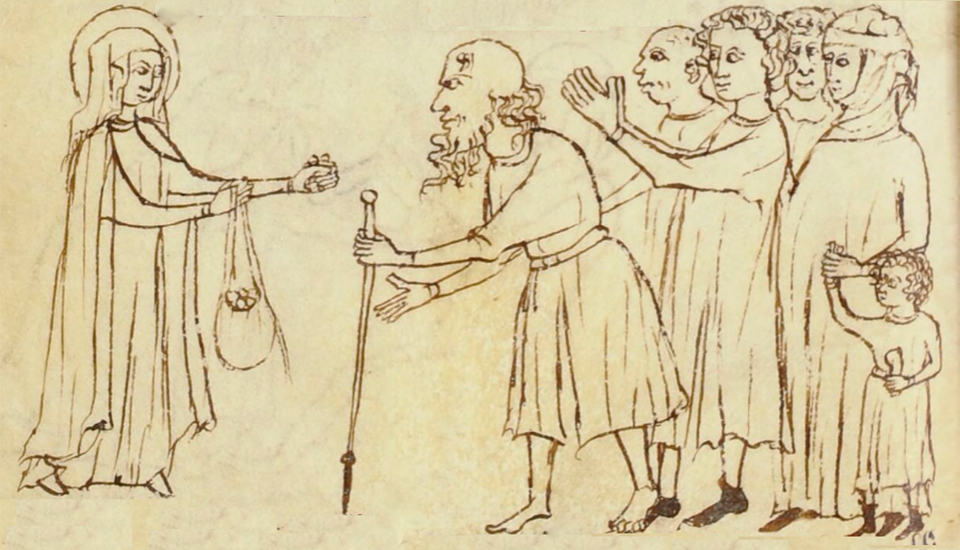 Virtue distributing alms Catonis disticha. BNF 1289 113 folio 54 r PD. BNF