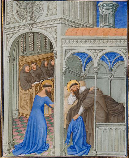 The Mockery of St. Jerome. From: The Belles Heures of Jean de France, duc de Berry – image courtesy The Metropolitan Museum of Art. Gender variance is a cause for mockery in this rarely depicted story of Saint Jerome. At right, the influential theologian’s typical brown robes are swapped with a blue dress while he sleeps. Written versions of the tale describe the swap as a practical joke, orchestrated by Jerome’s fellow monks as revenge for his strict approach to discipline. In his early morning drowsiness, Jerome unconsciously dons the dress and heads to the church for prayers (the scene at left). According to the inscription below, he was “derided” by the crowd and fled the monastery in shame.