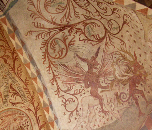 The couple being carried to hell in a basket in the mural from Højelse Church In Denmark ca. 1400 is one of the few examples of possible homosexuality in a Danish mural. One person is without doubt rendered as a women, while her partner is ambiguously fitted out with a male haircut but female breast