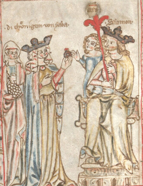 Scene from Biblia Pauporum showing a bridal couple exchanging rings. She is accompanied by a lady-in-waiting carrying an aumônieres. Biblia pauperum. Armenbibel in 41 Darstellungen ungefähr zwischen 1360 und 1375 Cgm 20 Folio 8v1360 -1375