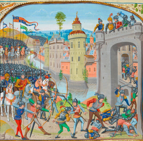 Battle at Caen. From Froissart's Chronicle. Bibliothèque nationale de France, MS Fr. 2643, folio 97.