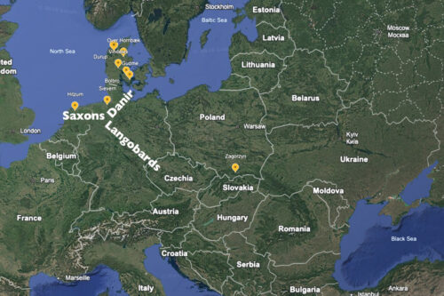 Map over places connected to the Vindelev Hoard and mentioned in the text. Based on Genetic map showing the result of the migrations during the migration period and the Viking Age. From Steppe Ancestry in Western Eurasia and the Spread of the Germanic Languages By Hugh McColl et al.. 2024. 