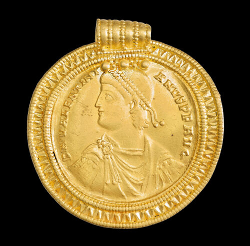 Medallion from Vindelev. Made in 364-375, and later fitted with a suspension loop and rim. © NationalMuseum Og Copenhagen CCBYSA