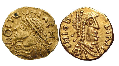 Two golden tremissis from the Frankish kingdom. The one to the right is a rendition of Theudebert (THIOD.BIRTI). © Roma Numismatics Ltd. 