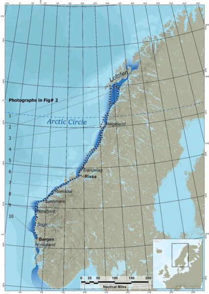 Discovering lost viking harbours. The map outlines the travels of Greer Jarrett and his crew along the Norwegian coast © Greer Jarrett