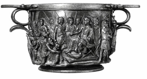 Skyphos with seated Augustus receiving vanquished barbarians. The Skyphos was partially destroyed, and the photo is an old rendition of the original. The original now in Louvre.