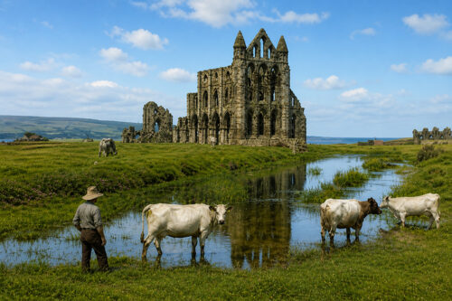 Frank Meadow Sutcliffe's photo ca. 1880 of the England Abbey, Whitby. Coloured by Chatgpt 2026