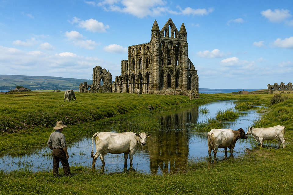 Frank Meadow Sutcliffe's photo ca. 1880 of the England Abbey, Whitby. Coloured by Chatgpt 2026