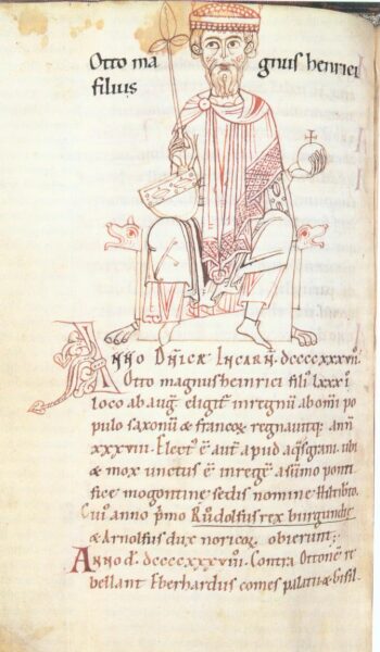Otto the Great as depicted in the Kaiserchronik c. 1112. Source: Wikipedia