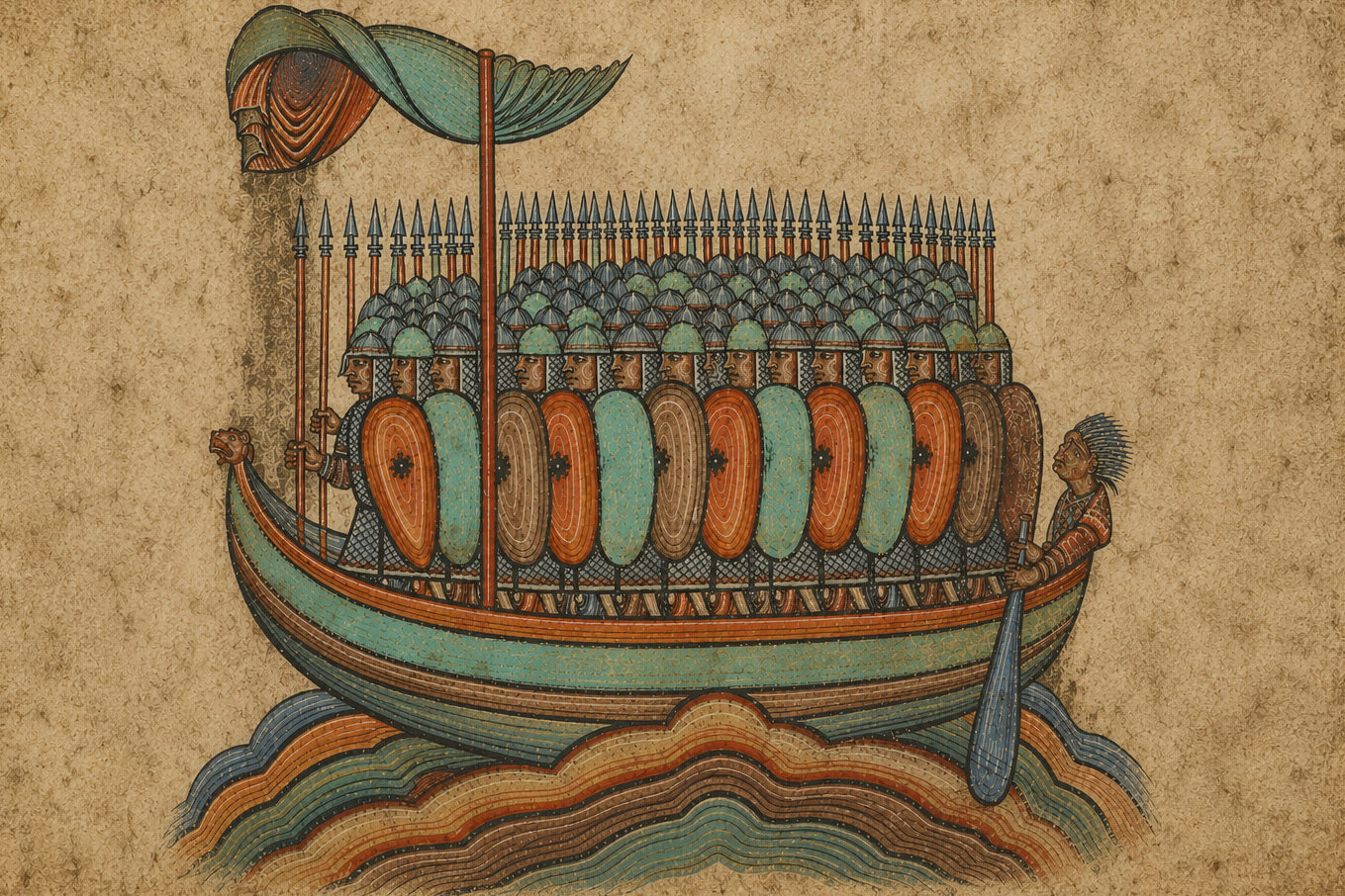 Vikings in an illustration of the Vie de Saint Aubin d’Angers. Biblioteca Nacional de Francia, ms. NAL 1390, f. 7r.(AI resti oration)