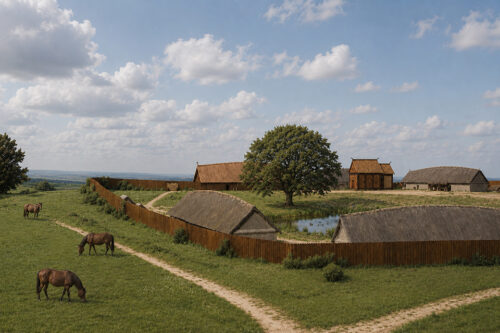 Lisbjerg Manor ca. AD 1000. AI-reconstruction based on reconstruction by Morten Grønbech exhibited at Moesgaard © Schousboe CCBYSA40