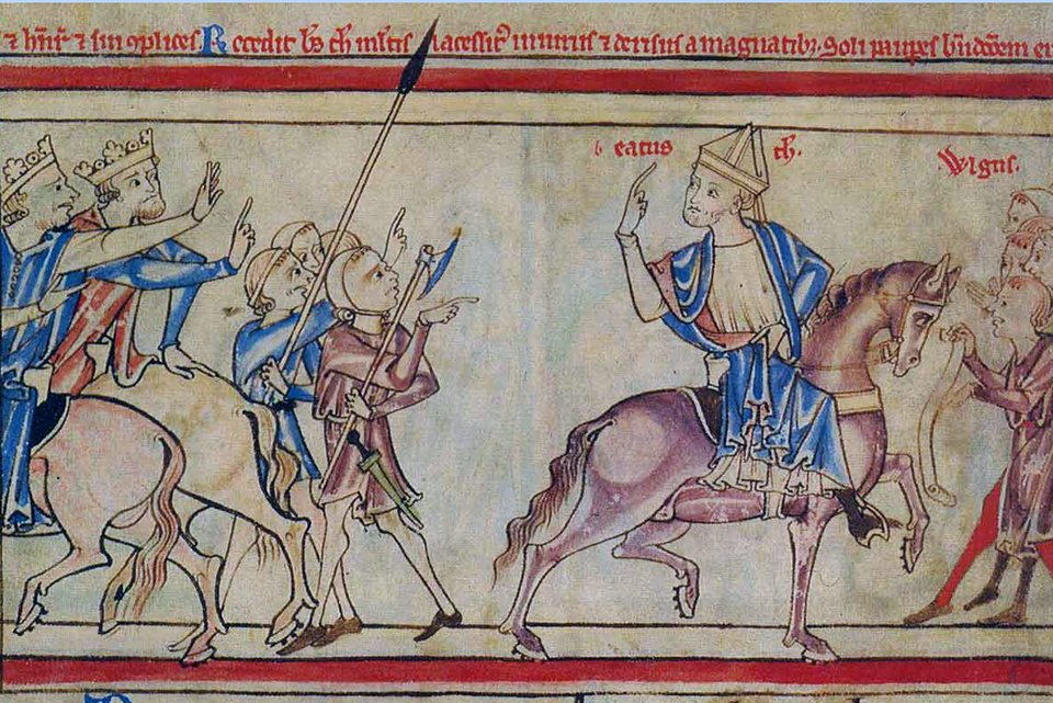 Thomas Becket leaving the meeting at Montmirail 1169. From The Becket Leaves c. 1220 BL Loan MS 88. Source Wikipedia