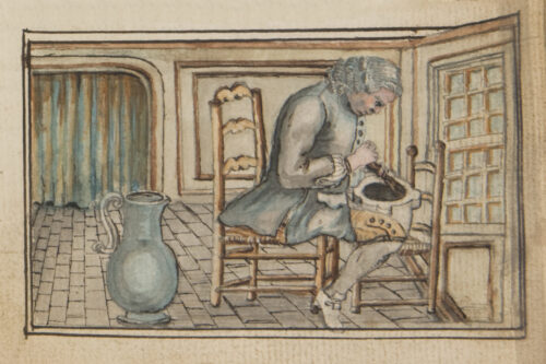 Illustration showing Flemand in his alchemistic laboratory. Pseudoepigrahic Treatisec. 1680 Manuscrit Mellon MS 100, p. © Yale University Library 