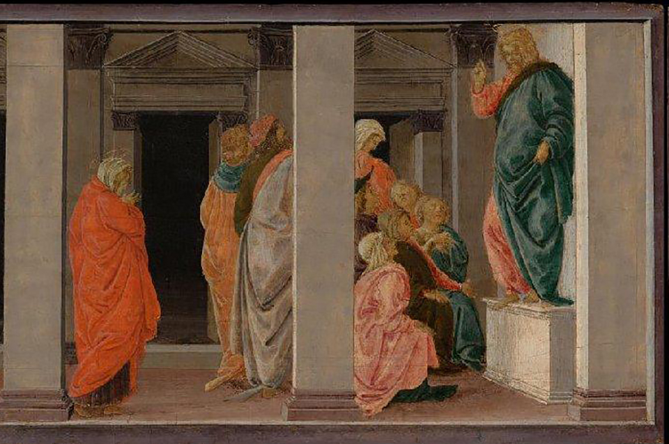 Detail of the predella with painted scenes of the story of St. Magdalene. By Botticelli c. 1484-91. Now in the Philadelphia Art Museum. Source: Wikipedia