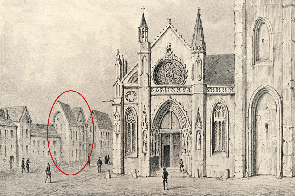 LLocation of the houses of Nicolas Flamel and Pernelle opposite the side entrance into the church. The houes are of a later date.