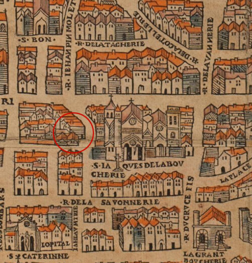 Likely location of houses of Nicola Flamel and Pernelle ca. 1550. From: La ville, cité et Université de Paris), engraved by Olivier Truschet and designed by Germain Hoyau. Source: Wikimedia