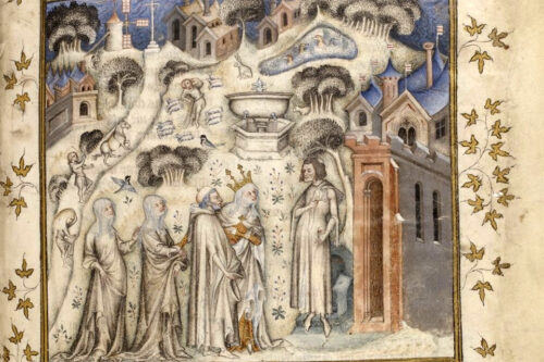 Machaut encountering Nature and it three children: ense, rhetoric and music. BnF-MS-F-1581-1372-1377