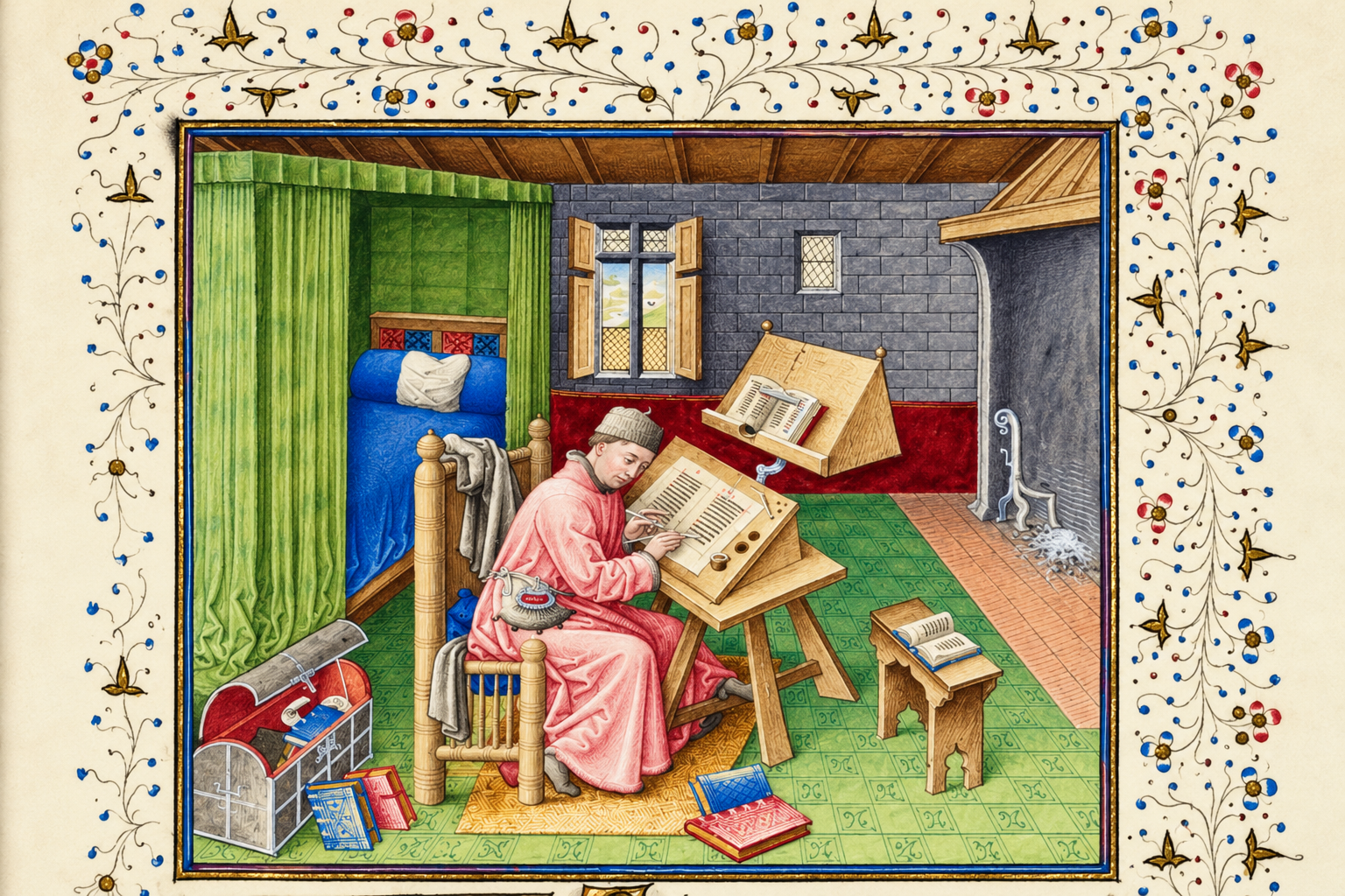 Jean Le Tavernier (illuminator), Jean Miélot in his study (detail), after 1450, Buonaccorso of Pistoia, Brussels, Bibliothèque Royale MS 9278-80, fol. 10r (Bibliothèque royale de Belgique). oruce: Khan Academy
