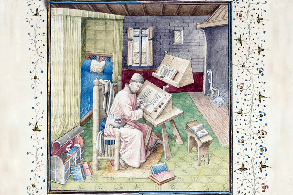 Jean Le Tavernier (illuminator), Jean Miélot in his study (detail), after 1450, Buonaccorso of Pistoia, Brussels, Bibliothèque Royale MS 9278-80, fol. 10r (Bibliothèque royale de Belgique). oruce: Khan Academy