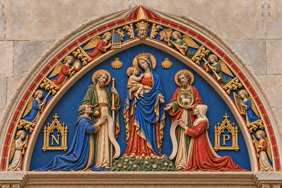 Reconstructed Tymonum above the portal with the entrance into Saint-Jacques-de-laBoucherie. AI Reconstruction based on a drawing from Villiar. © schousboe CCBYSA40