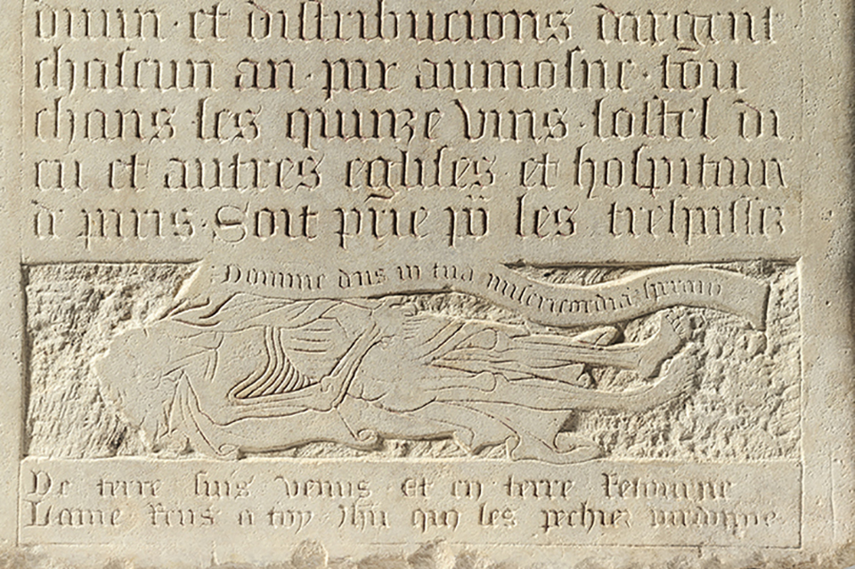 Nicolas Flamel on his tombstone . detail © Musee de Cluny