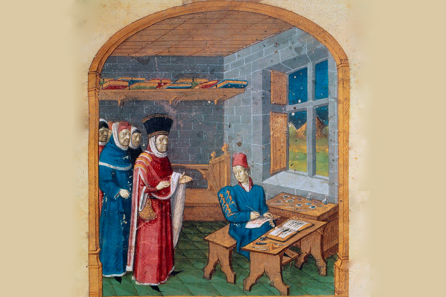 This 15th-century illumination from the Mare Historiarum (MS Latin 4915, folio 1) at the Bibliothèque nationale de France depicts the chancellor Guillaume Jouvenel des Ursins visiting a scribe and illuminator in his workshop. Painted between 1447 and 1455 by the Master of Jouvenel, it offers a rare window into medieval book production. Source; © BnF/Wikipedia