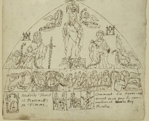 Isaac Newton's drawing of the memorial tympanon erected by Nicolas Flamel and his wife Pernelle on the Church of St. Jacques de Boucherelle © from the Sidney M Edelsteinn Collection in the National Library of Israel