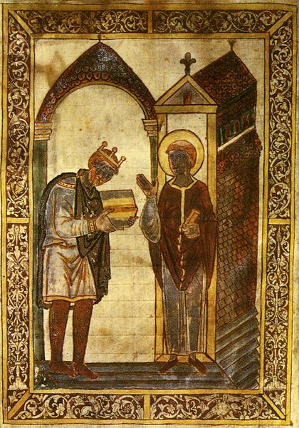 King Athelstan presenting a copy of Bede's two lives of St Cuthbert to the saint in his shrine at Chester-le-Street in 934. This is the earliest surviving royal Anglo-Saxon portrait (Corpus Christi Cambridge MS 183, fol. 1v)