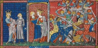 British Library: Priam sending Paris, the rape of Helen, and the siege of Troy. Royal MS. 16 G. VI, f. 4v.