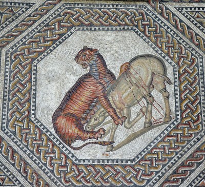 A tiger bringing down a wild ass the gladiator mosaic at the Roman villa in Nennig Germany