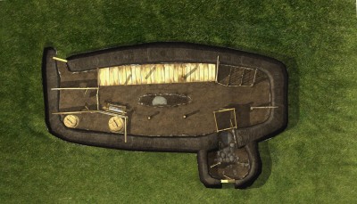 An computer generated image of the layout of the viking hall made by the multimedia company Gagarin of the Longhouse exhibited in Reykjavik
