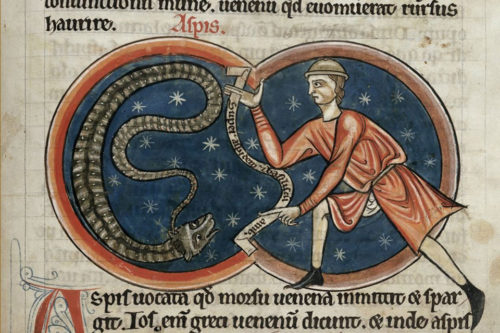 St. Patrick charms the snake. Source: British Library: BL Harley 4751, f. 61r.
