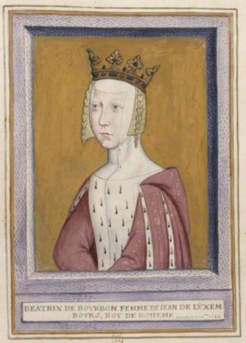 Painting of Beatrix of Bourbon. (Image from the Bibliothèque nationale de France, via Wikimedia Commons. Public domain.)