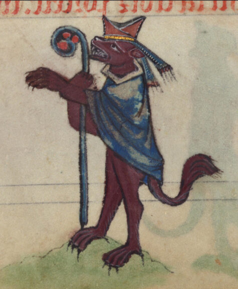 Book of Hours: Ysengrin the wolf as bishop, Walters Manuscript W 102 fol 78r detail. Flickr: Open Domain