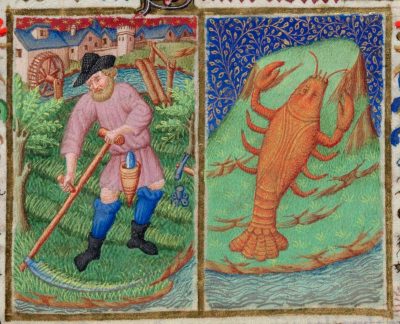 Calendar page for June from the Bedford Hours with the sign of the zodiac - a crayfish