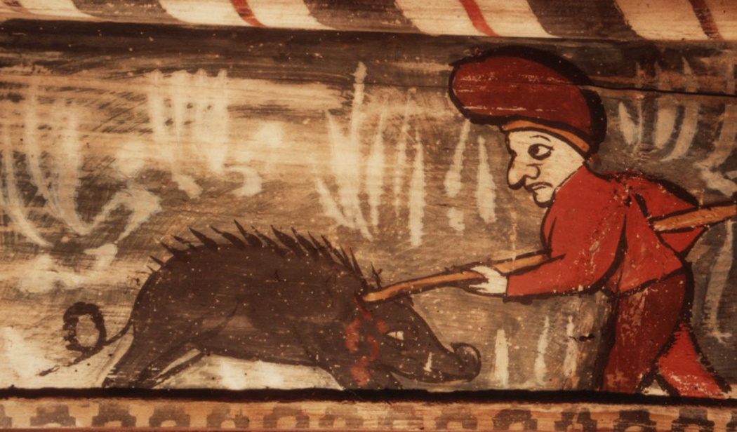Capestang - medieval peasant attacking a wild boar ca. 1450