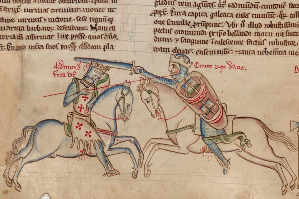 Cnut the Great and Edmund ironside at the Battle of Assandun. Source: Matthew Paris, Chronica Majora, Cambridge, Corpus Christi College MS. 26, fol. 80v/Wikipedia (Open Domain)