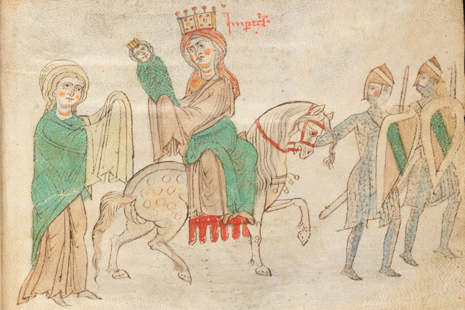 Constance of Sicily is handing over her son. Source: Bern, Burgerbibliothek, Cod. 120.II. Ca. 1195 – ca. 1197 Petrus de Ebulo: Liber ad honorem Augusti, lat.