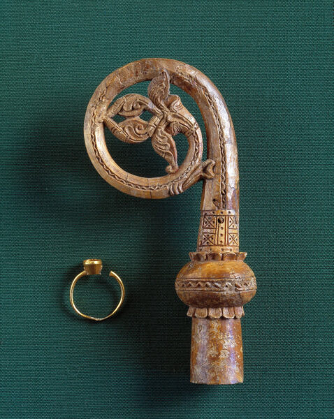 Bishop's staff of walrus tooth from bishop's tomb in Igaliku, Gardar (ruin group Ø47) Eastern Settlement. © National Museum of Copenhagen/Lennart Larsen CCBYSA