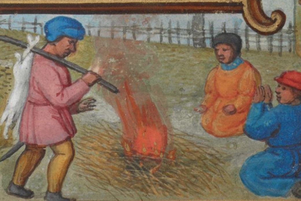 Detail of calendar page for December with a bas-de-page scene of men sledging and warming themselves by a fire, from the Golf Book (Book of Hours, Use of Rome), workshop of Simon Bening, Netherlands (Bruges), c. 1540, Additional MS 24098, f. 30r. © British Library. Source: Pinterest