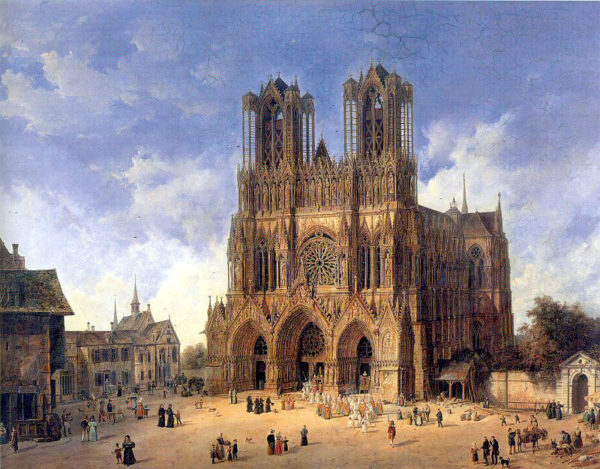 Painting of the Cathedral in Reims by Domenico Quaglio c. 1787. Notice the towering size of the edifice compared to the surrounding houses. Source: Wikipedia